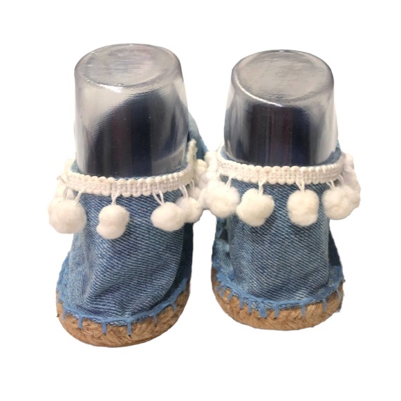 DOPPIO Italy Womens Flats 8 Blue Crochet Denim Cream Pom Pom Espadrilles Slip On - Picture 7 of 10
